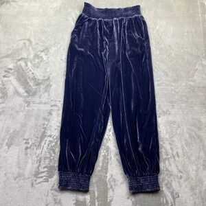 Anthropologie Gloria Velvet Joggers Navy Blue Smocked Harem Pants Sz M Fits 26"